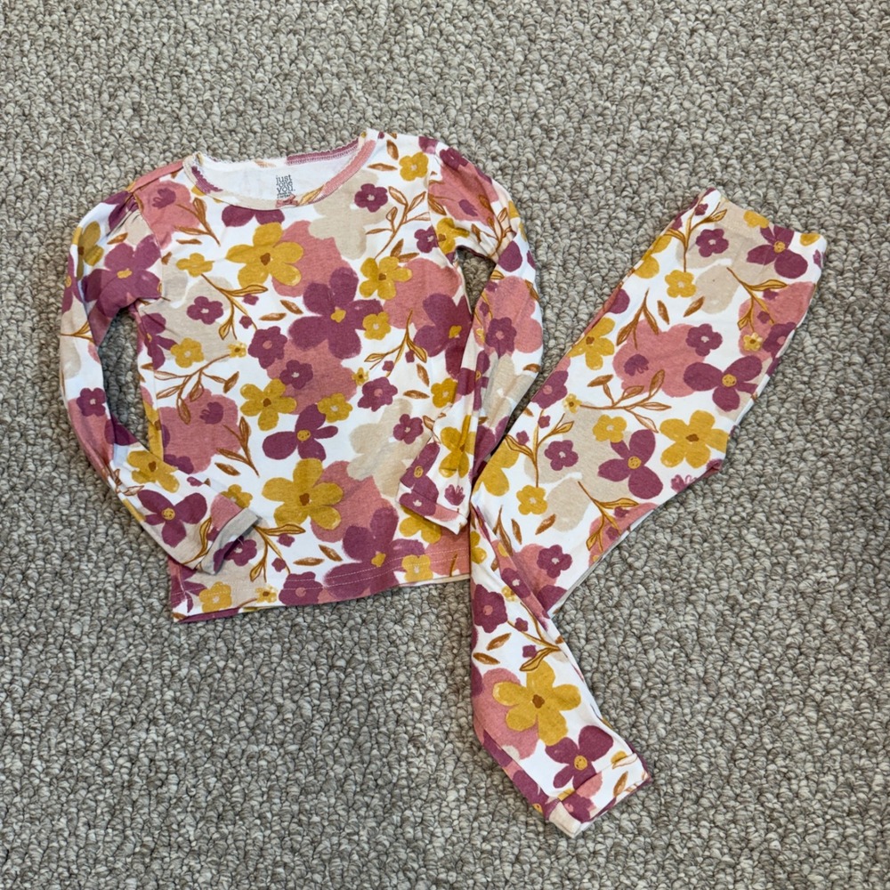 Carters Girls Size 3T Floral Pajama Set Mauve Yellow Long Sleeve Snug